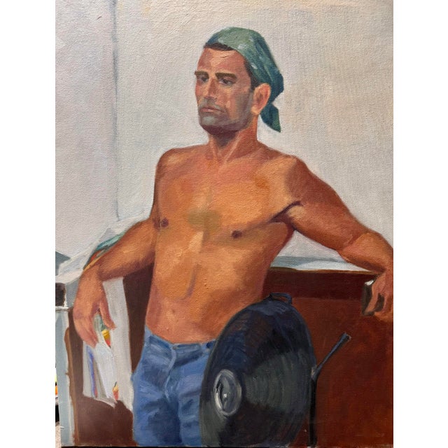 Stunning Vintage 1970 Commissioned Painting of a Half Nude Male Wearing a Head Bandana While Resting Against a Counter For Sale In Dallas - Image 6 of 9