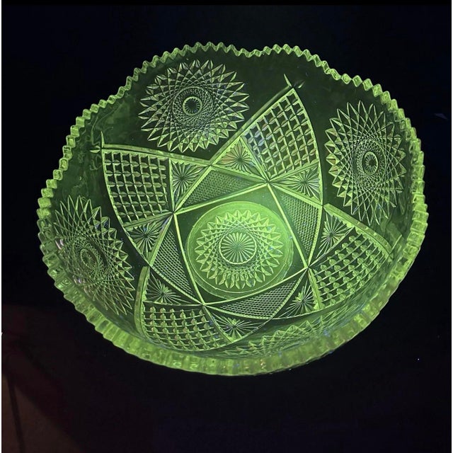 Antique Early American Brilliant Pressed Glass 14" Master Punch Serving Bowl Heavy 10lb With Manganese Glow For Sale - Image 9 of 12