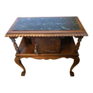 Early 20th C. English Humidor Marble Top Table Carved Tiger Oak