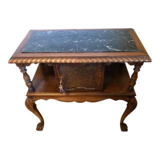 Early 20th C. English Stone Marble Table Carved Tiger Oak For Sale