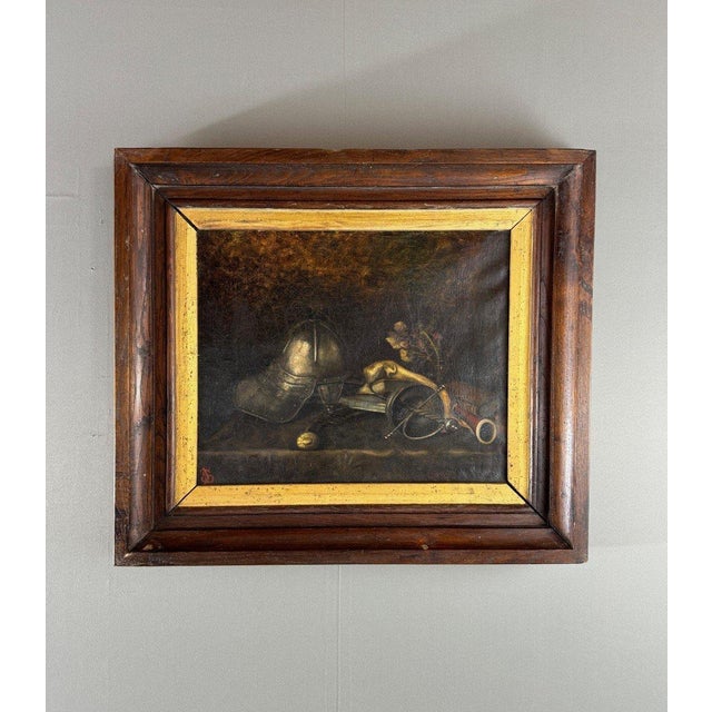 Unkwown, Still Life with Helmet and Antique Objects, 1800s, Oil on Canvas For Sale - Image 8 of 8