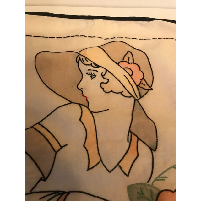 1930s Vintage Embroidered Young Woman Pillow Cover For Sale - Image 4 of 7