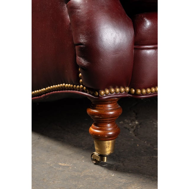 Late 20th Century Pair of Plush Leather Armchairs With Ottoman in Burgundy For Sale - Image 16 of 18