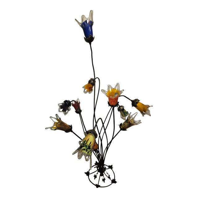 1990s Handmade Wrought Iron 11 Tulips Blown Glass Floor Lamp For Sale