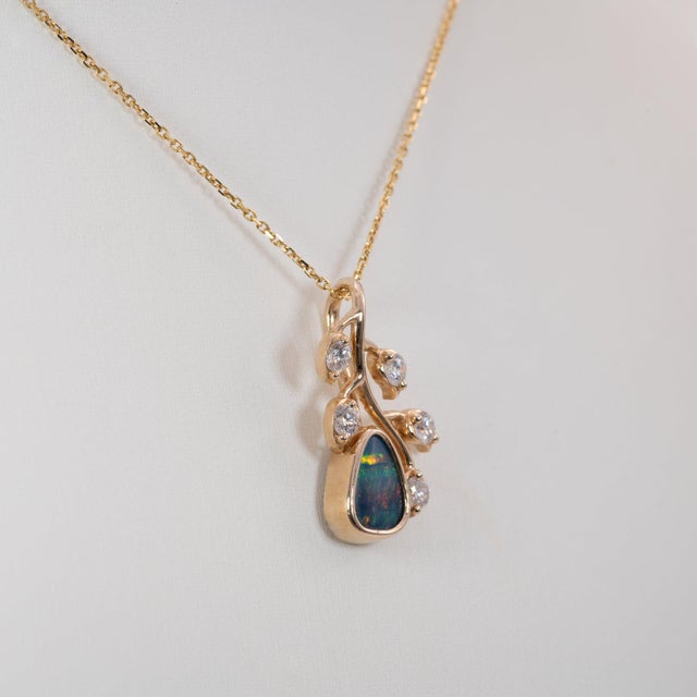 Boulder Opal Pendant With Earth-Mined Diamond Accents in Solid 14k Gold, 8x3mm For Sale In Columbus - Image 6 of 7