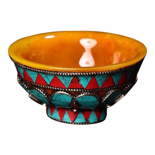Tibetan/Nepalese Style Handmade Amber Butter Bowl — Inlaid Turquoise, Coral & Filigree Metal For Sale