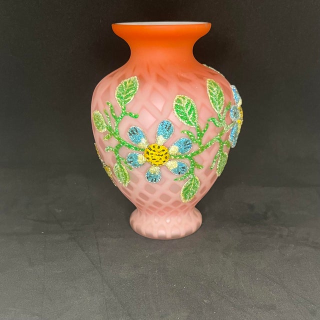 Early 20th Century Antique Victorian Pink Satin Art Glass Vase Coralene Floral Bee Butterfly 6” For Sale - Image 5 of 10