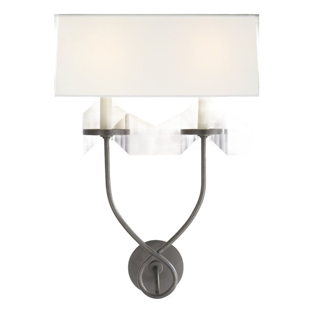 Chapman & Myers for Visual Comfort Signature Symmetric Twist Double Sconce in Bronze with Linen Shade For Sale