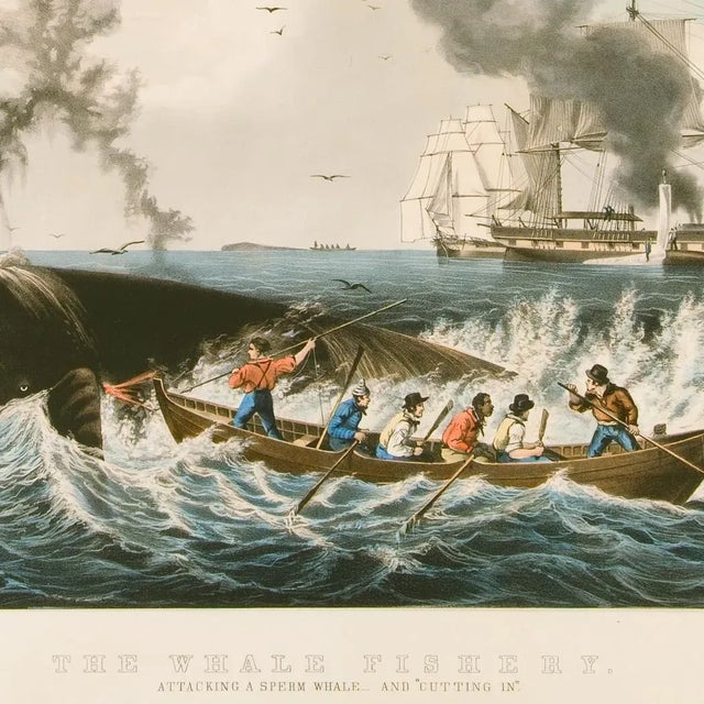 Currier and Ives color illustration "Attacking a Sperm Whale...and Cutting In," printed on satin photo paper. Framed...