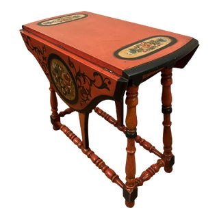 19th Century Colonial Drop Leaf Side Table With Hand Painted Tole Details, Half Serpentine Leafs, and Butterfly Supports For Sale