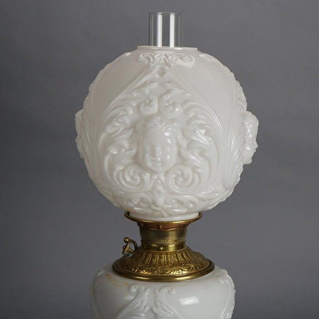 Antique Blanc De Chine Brass & Bronze Cupid Oil Lamp With Blown Out Glass C1900 For Sale - Image 4 of 12