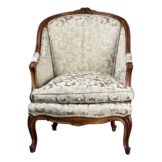 Antique French Louis XV Rococo Style Bergère Arm Chair in Newer Damask Upholstery C. Mid 19th Century For Sale