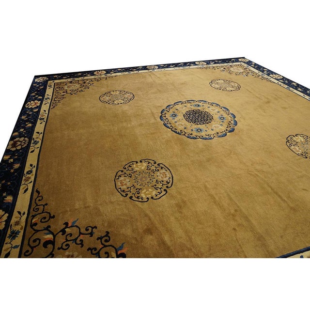 1890s Tan Camel Medallion Antique Chinese Peking Rug 13'4" X 14'0" Handknotted Wool Carpet For Sale - Image 4 of 10