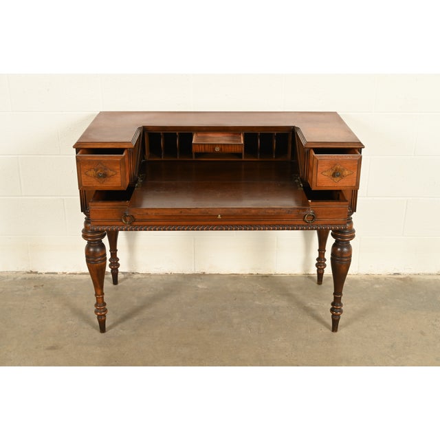 1930s Grand Rapids Chair Co. Antique Victorian Carved Walnut Slant Front Writing Desk, Circa 1930s For Sale - Image 5 of 15