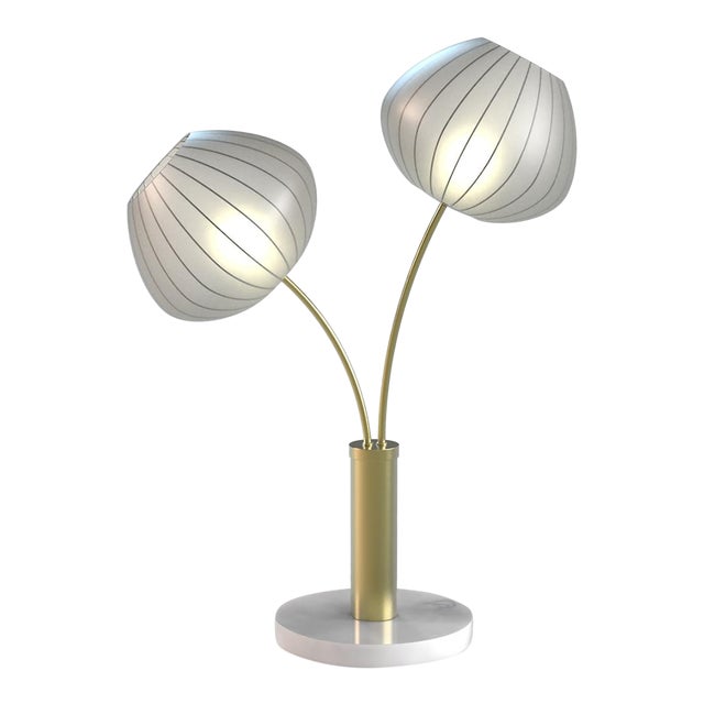 1990s Bloom 2-Light Table Lamp - Weathered Brass, White Marble Base, White Satin Shade For Sale