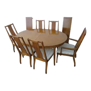 Mid Century Modern Set of Dining Table Six Chairs and Two Leaves