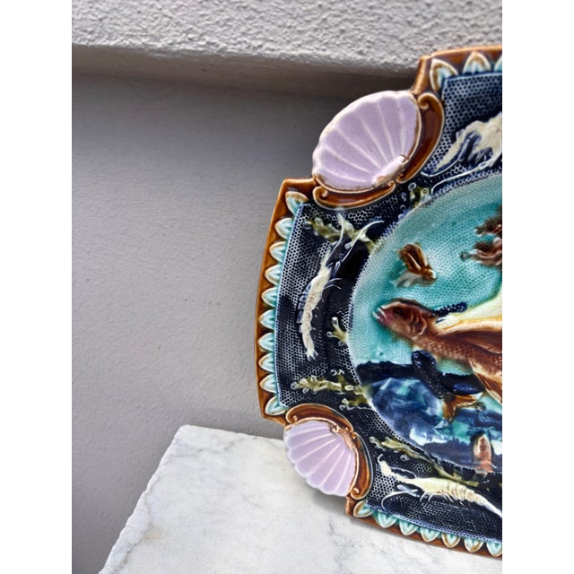 Nautical 19th Century Square Majolica Mermaid Wall Plate For Sale - Image 3 of 4