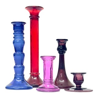 Mixed Jewel Tones Glass Candle Holder Curation - Group of 5 For Sale