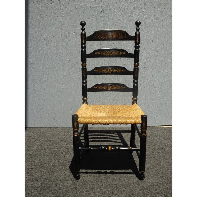 1970s Chair Vintage L. Hitchcock French Country Black Ladder Back Rush Chair Stenciled For Sale - Image 5 of 17