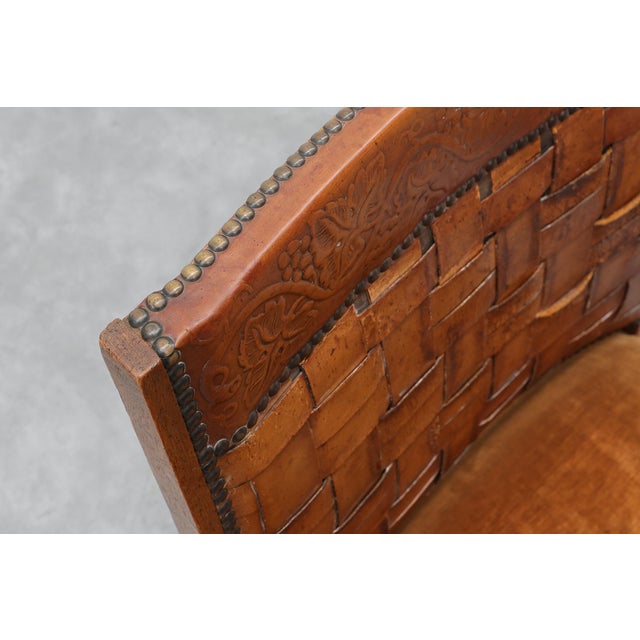 Art Deco Oak Lounge Chair with Woven Leather Back and Ochre Velvet, Belgium, 1920s For Sale - Image 10 of 15