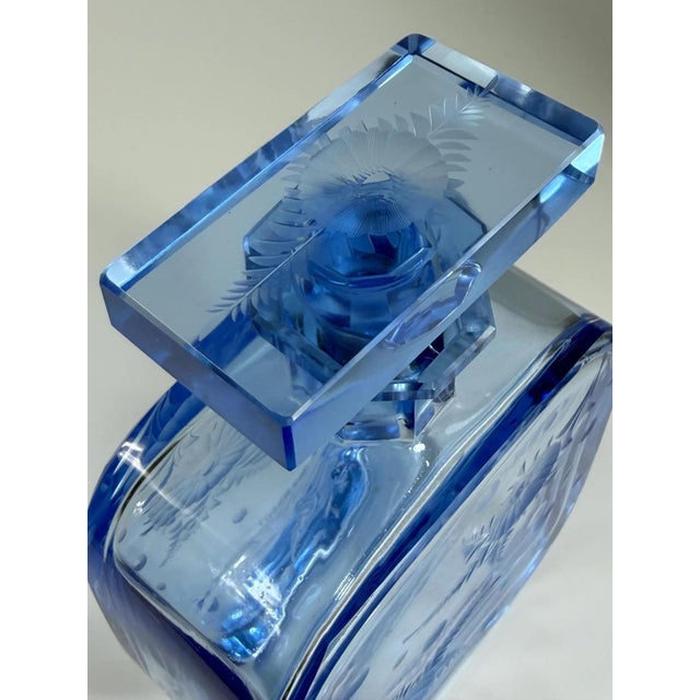 Art Deco Czech Blue Glass Decanter with Hand-Engraved Floral Decoration, 1930s For Sale - Image 6 of 12