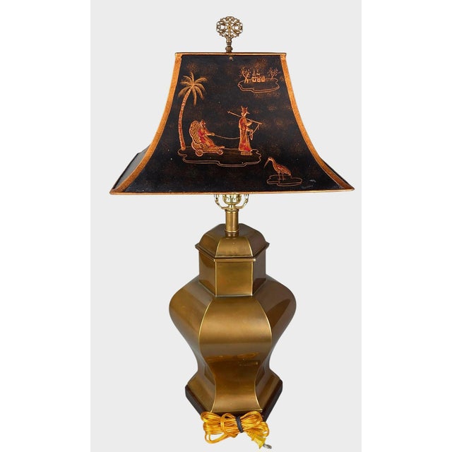 Vintage Frederick Cooper Hexagonal Brass Urn Lamp With Relief Chinoiserie Tole Shade For Sale - Image 10 of 12