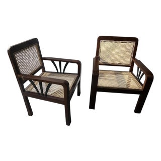 1930s Pair of Deco Period British Colonial Hand Caned Teak Club Chairs For Sale