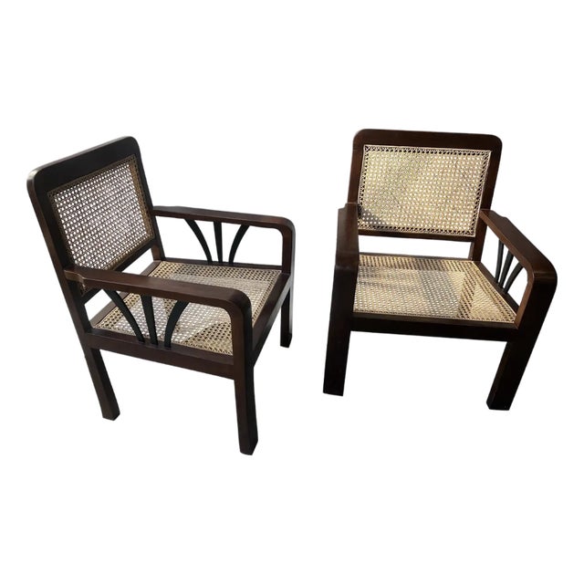 1930s Pair of Deco Period British Colonial Hand Caned Teak Club Chairs For Sale