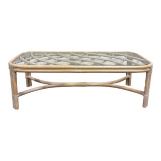 Vintage MCM Style Organic Coastal Rattan Bamboo Glass Coffee or Cocktail Table For Sale