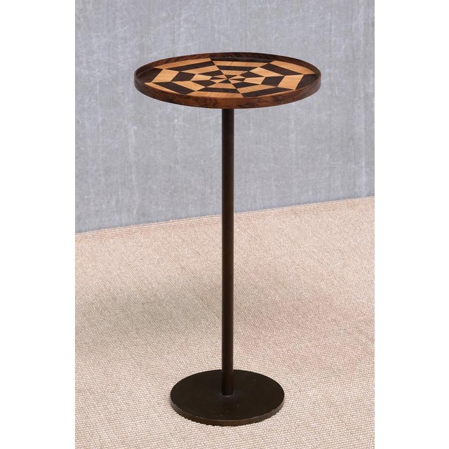 Danish Cabinetmaker Bronze Pedestal Table with Radial Marquetry Top, 1950 For Sale - Image 10 of 11