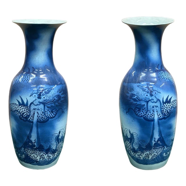 Pair Deep Blue Dragon Koi Fish Graphic Tall Porcelain Art Vases For Sale