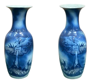 Pair Deep Blue Dragon Koi Fish Graphic Tall Porcelain Art Vases