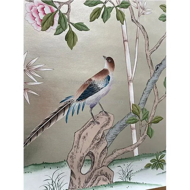 Chinoiserie Chinoiserie Hand Painted Wallpaper Mural- 2 Panels For Sale - Image 3 of 8