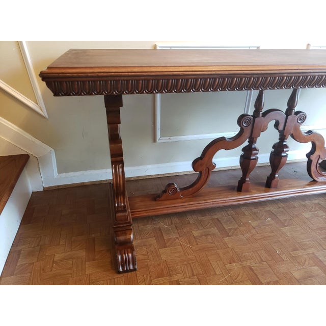 English 1910s Imperial Grand Rapids Carved Solid Walnut Trestle Table For Sale - Image 3 of 12