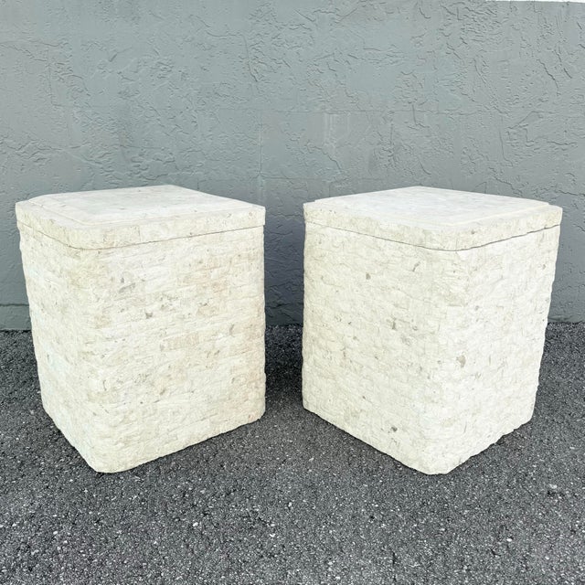 Postmodern Tessellated Stone Swivel Top Side Table With Storage - A Pair For Sale In West Palm - Image 6 of 10