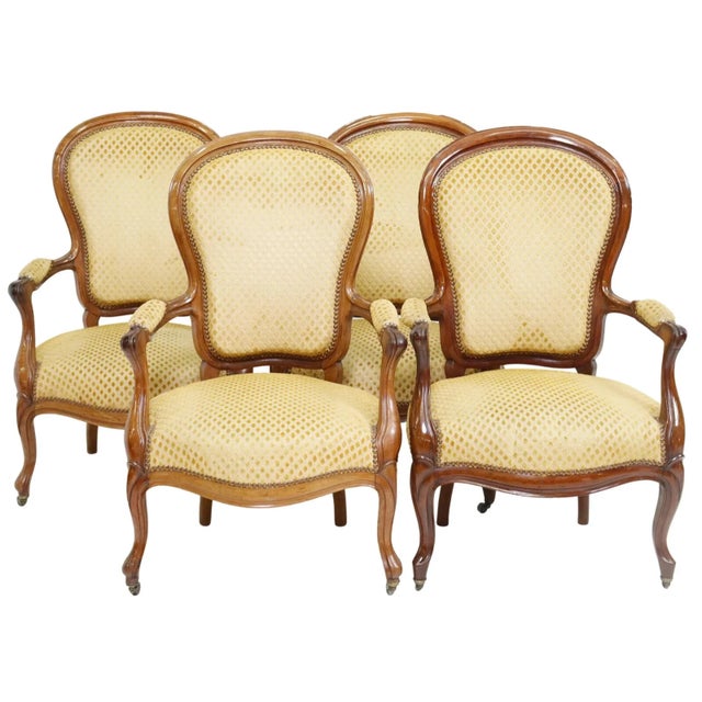 Wood Antique French Louis Phillipe Period Walnut Fauteuils, Arm Chairs - Set of 4!! For Sale - Image 7 of 7