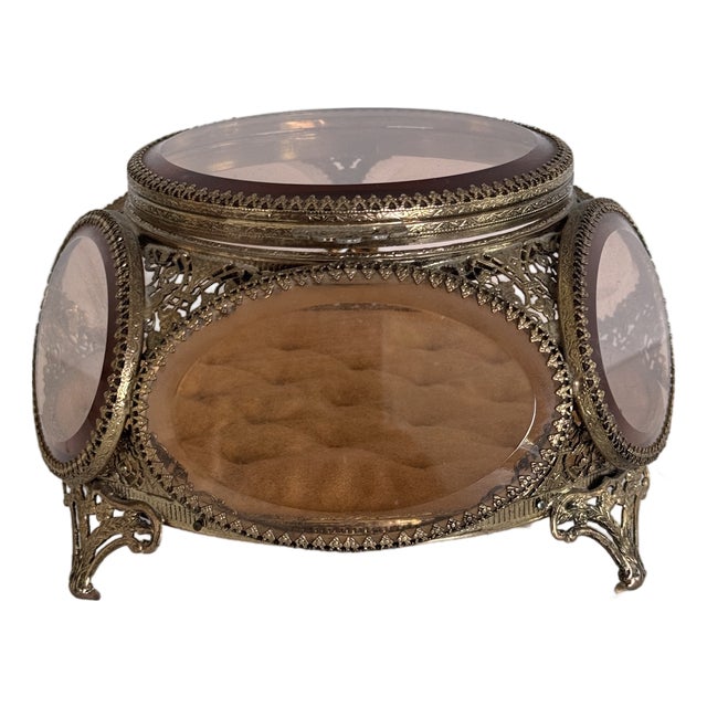 Ormolu Gold Filigree Beveled Glass Jewelry Casket 5-Sided Round Trinket Box, 1960s For Sale