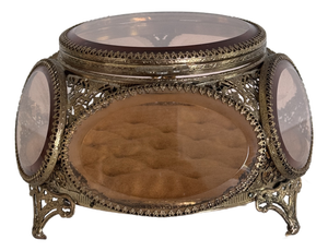 Ormolu Gold Filigree Beveled Glass Jewelry Casket 5-Sided Round Trinket Box, 1960s