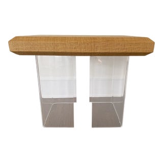 Chic Mid Century Modern Lucite & Laminated Raffia Table For Sale