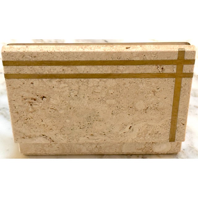 1970s Italian Modern Architectural Brass Inlaid Travertine Box, Circa 1970s For Sale - Image 5 of 8
