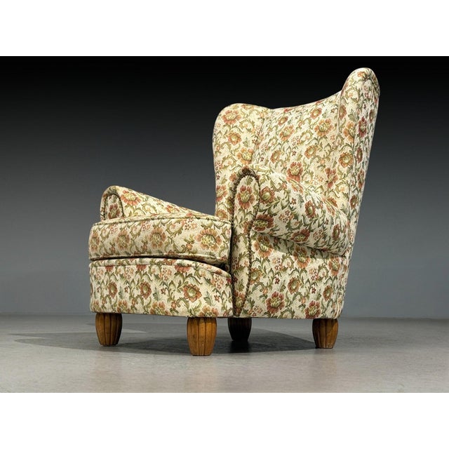 Mid-Century Modern Danish Cabinetmaker, Large Wingback Chair, Floral Fabric, Wood, Denmark, 1950s For Sale - Image 3 of 11