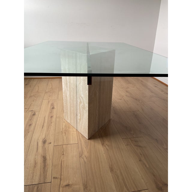 Modern Stellar Vintage Italian Travertine Single Diamond Base Glass Dining Table For Sale - Image 3 of 11