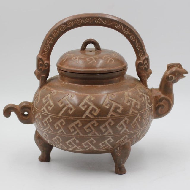 Contemporary Large Archaic Yixing-Style Teapot with a Phoenix Spout, 20th Century For Sale - Image 3 of 12