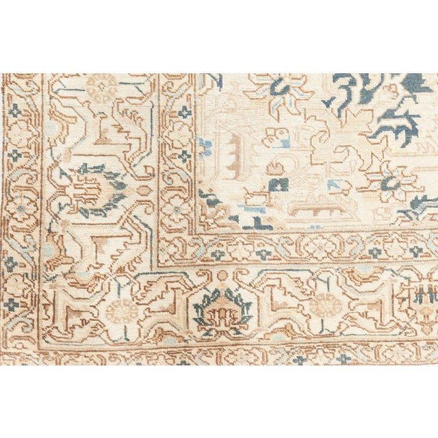 Beige 1930s Floral Persian Kirman Camel, Light Brown, Indigo Blue Handmade Wool Rug For Sale - Image 8 of 11