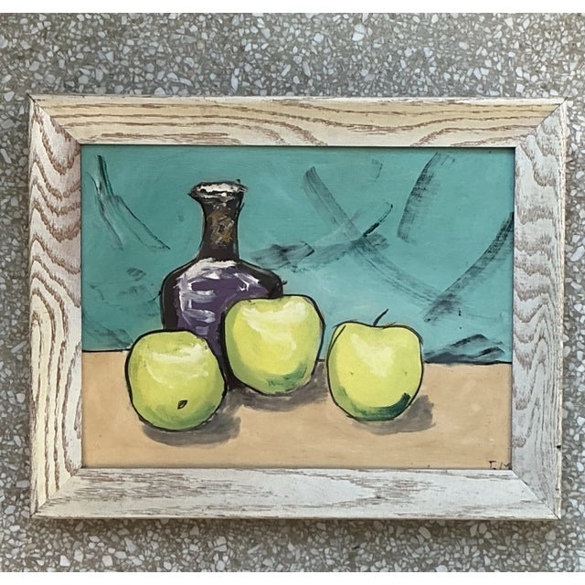 Chartreuse Vintage Boho Original Apples Still Life Oil on Board For Sale - Image 8 of 9