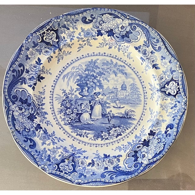 Antique 19th Century English Regency Staffordshire Blue Transferware Dinner Plates - Italian Buildings by Ralph Hall Circa 1825 - Set of 5 For Sale - Image 4 of 17