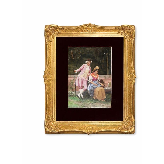 Italian 19th Century Pair Italian Porcelain Plaques on Gilt Frames With Red Velvet Mats For Sale - Image 3 of 8