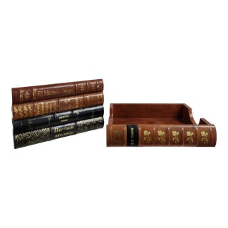 Vintage Faux-Book Desk Set Ensemble – Tiered Letter Organizer & Letter Paper Tray in Old-World Library Style -Set of 2 For Sale