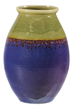 Artisan Purple and Olive Green Glazed Ceramic Ovoid Vase with Drip Detail
