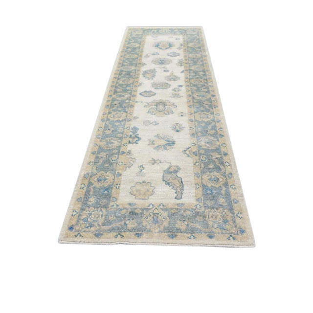 Turkish Oushak Runner Soft Blue & Ivory Handwoven Wool Rug 2'11" X 9'2" For Sale - Image 4 of 9